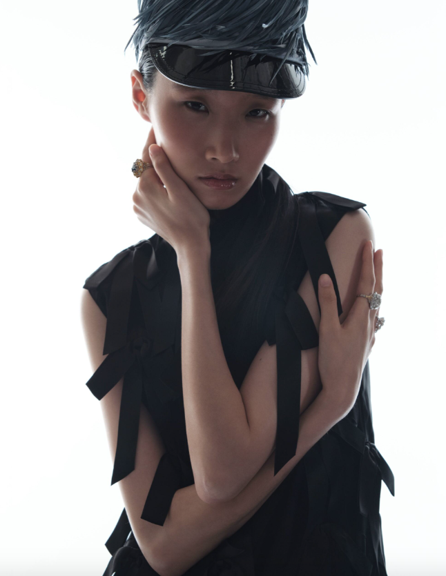 Rings _ Buccellati; Black dress and cap _ Prada