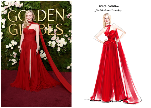 Dakota Fanning, nominated for the “Best Performance By A Female Actor In A Supporting Role On Television” award, in Dolce&Gabbana red chiffon strapless micro-draped bodice gown with a neck scarf detail. Photo: Dolce & Gabbana