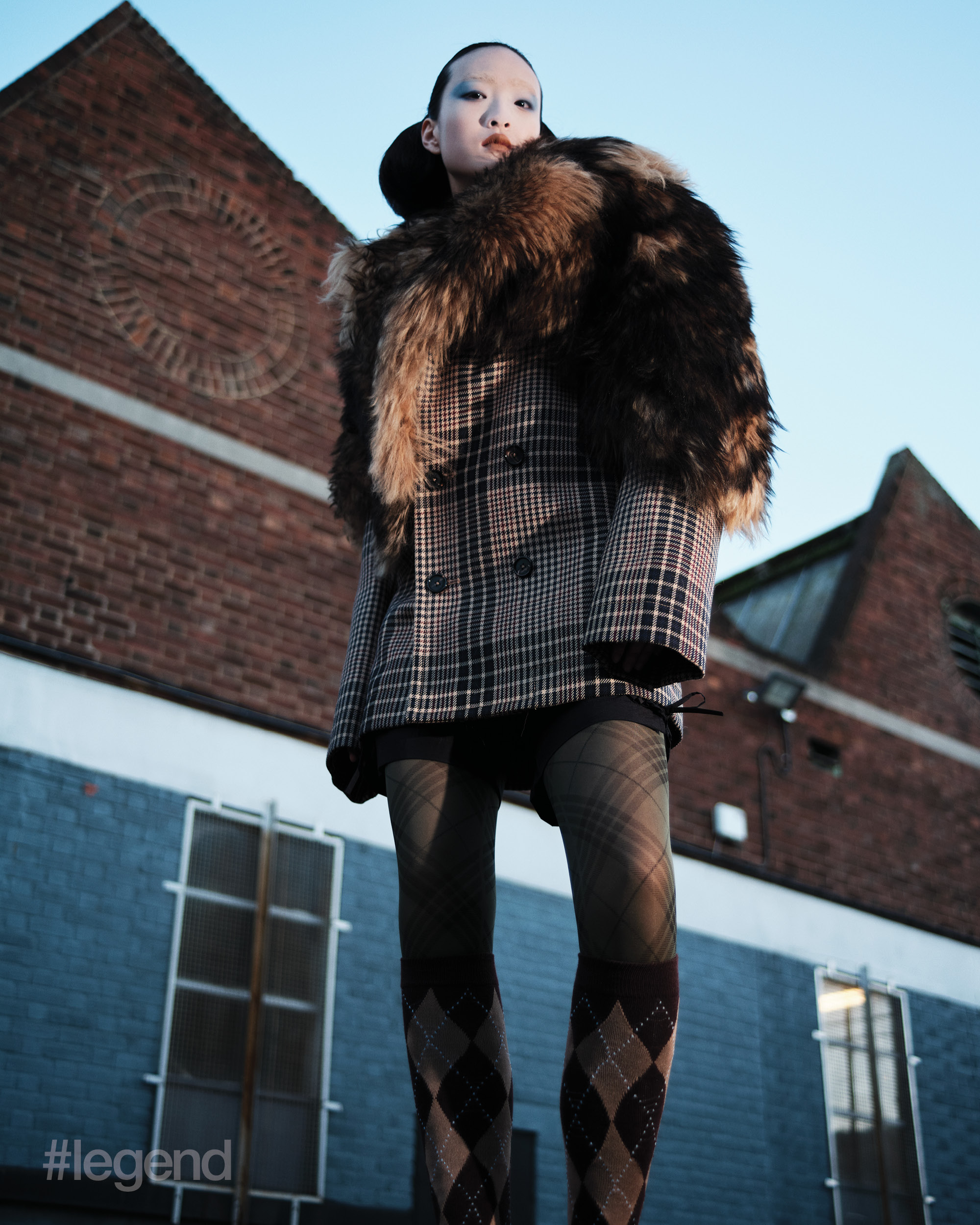 Brown shearling stole peacoat _ McQueen; Black shorts _ Hisu Park  