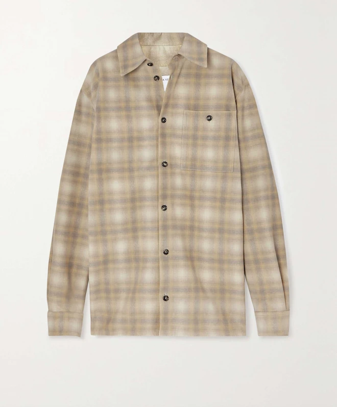 Beige chequered leather shirt _ Bottega Veneta; White ribbed tank _ Rag & Bone from Net-A-Porter; Blue Fendigraphy leather bag _ Fendi from Farfetch; Beige denim midi skirt _ Brunello Cucinelli; Ivory leather loafers _ Gucci