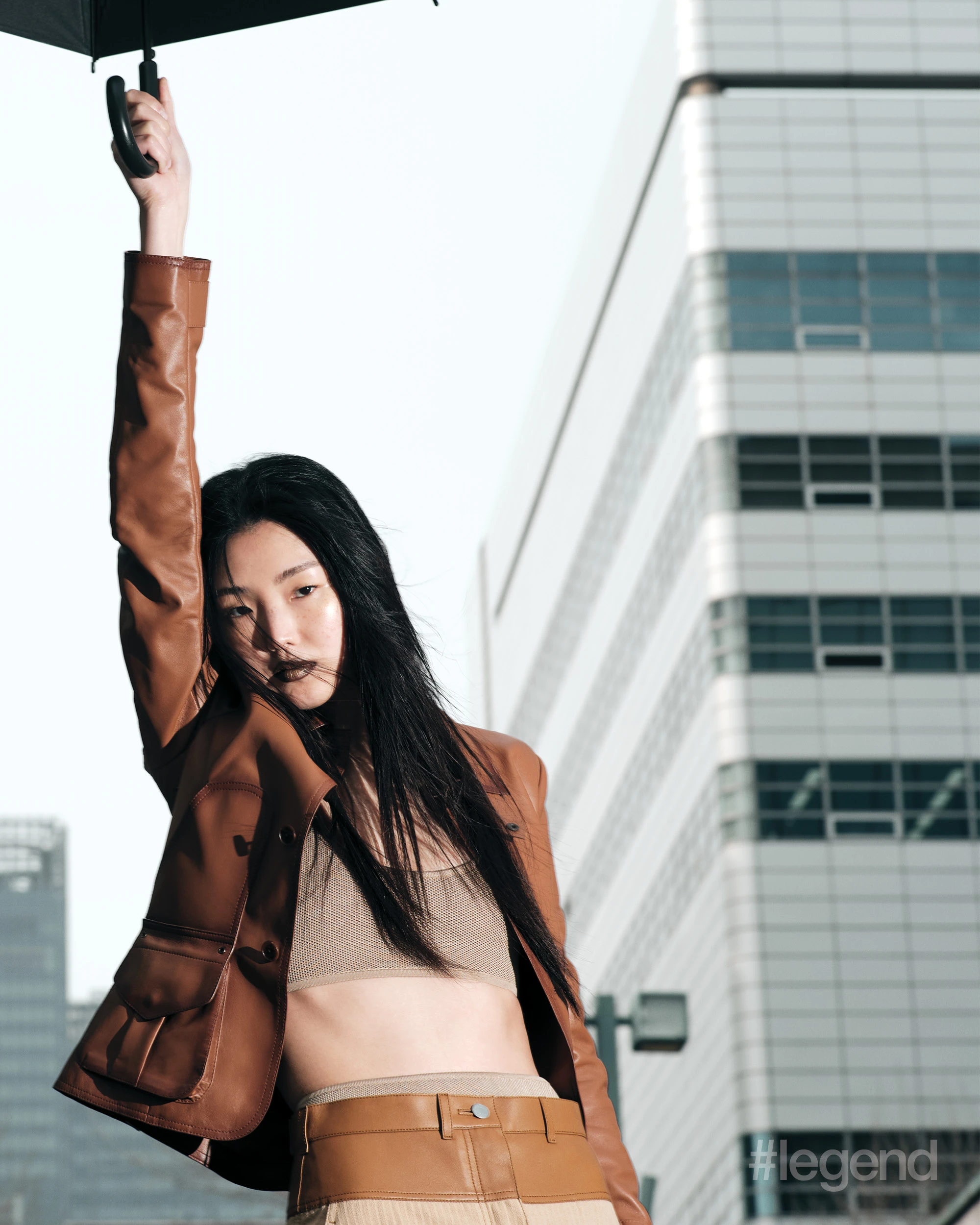 Brown leather jacket _ Ralph Lauren; Beige bra, briefs and skirt _ Hermès