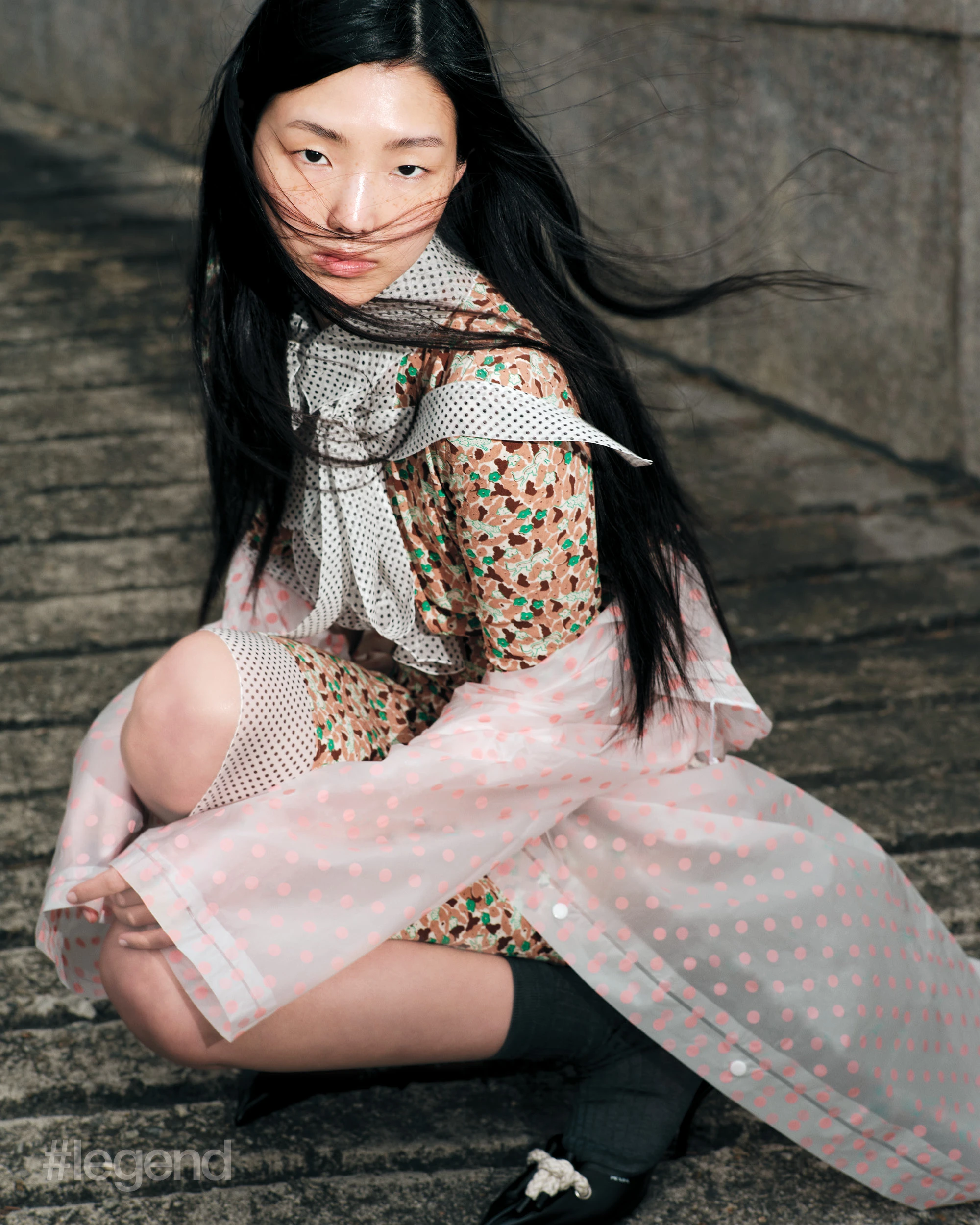 Apricot printed dress, grey socks and black mules _ Prada (Stylist’s own raincoat)