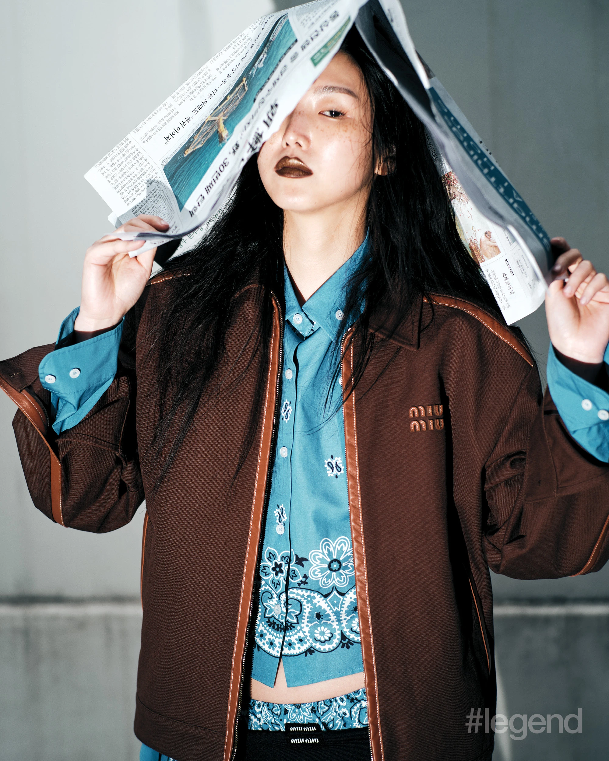  Brown jacket, blue paisley short-sleeve shirt and briefs, blue long-sleeve shirt and black briefs _ Miu Miu