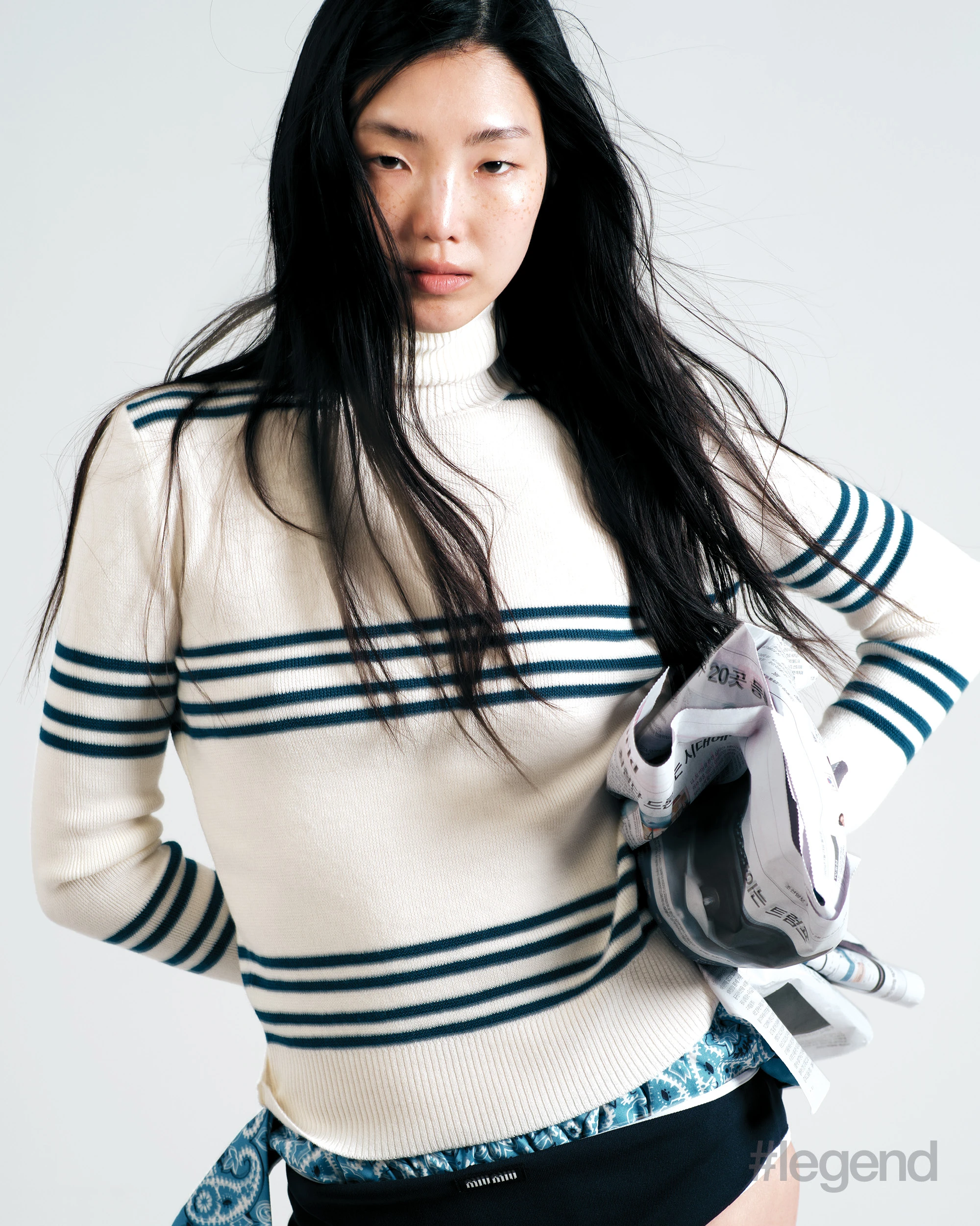 White striped jumper _ Prada; Blue paisley briefs and black briefs _ Miu Miu