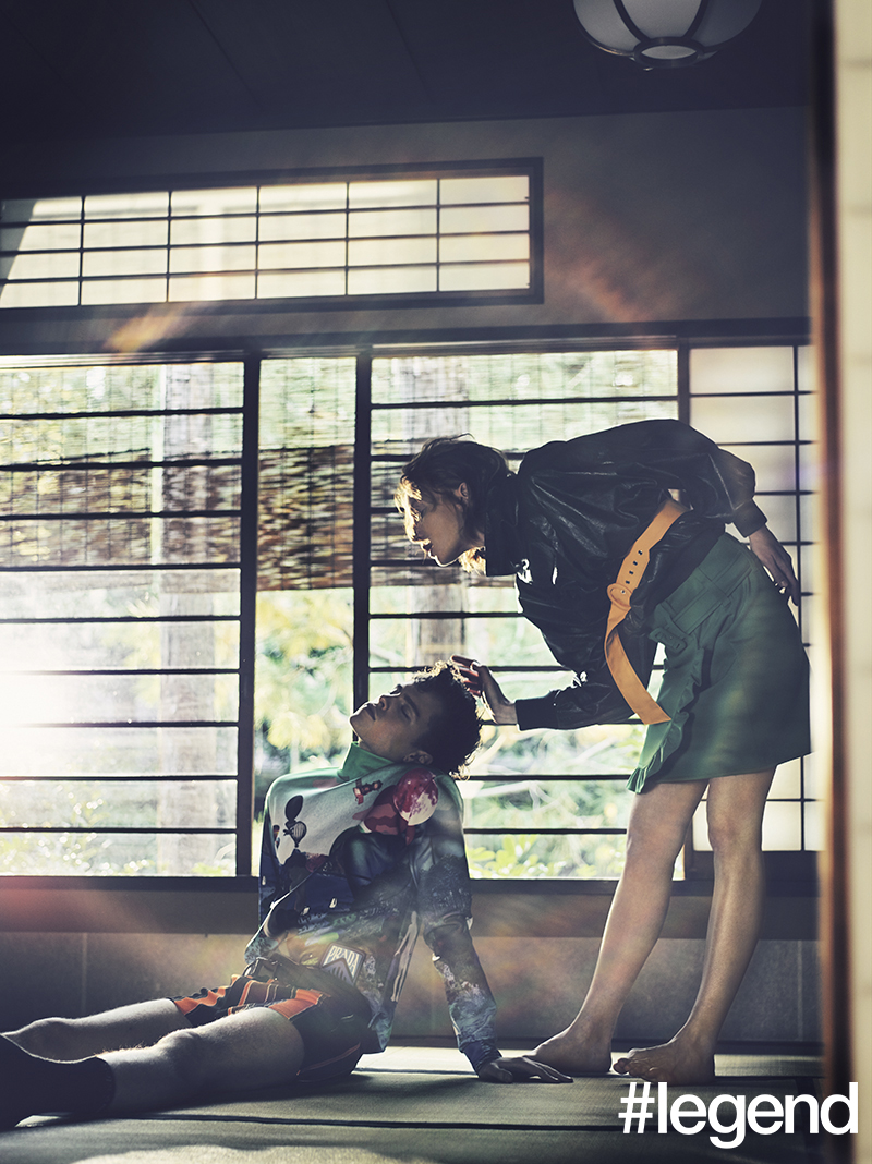 On Jaron: Multicolour printed sweater and orange striped shorts _ Prada; On Lila: Green leather blouson _ Givenchy, Yellow rubber belt _ Miu Miu, Green ruffled skirt _ Prada