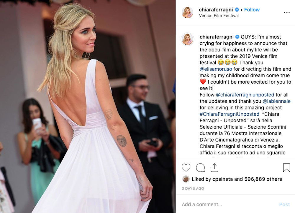 Chiara Ferragni docu-film announcement on Instagram