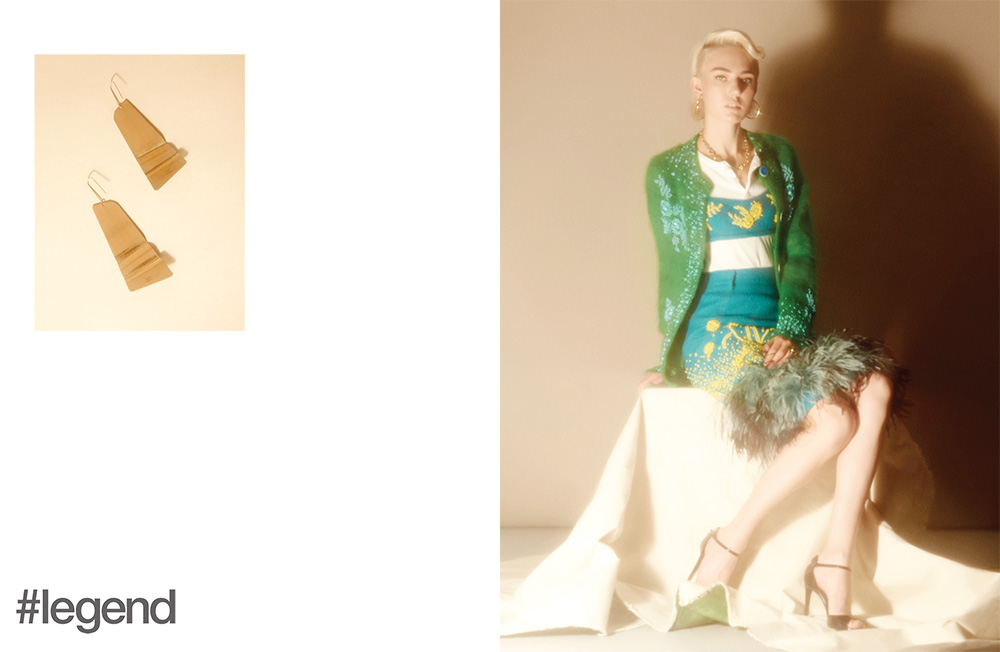 Left: Earrings from Celine at Lane Crawford; Right: Cardigan, top, skirt by Prada, Henley top by Bliss and Mischief, necklace and rings by Tiffany & Co., earrings by Céline, shoes by Ralph Lauren