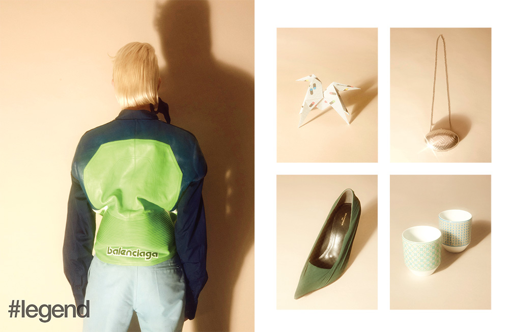 Left: Outfit by Balenciaga; Right: Origami horse by Hermès, clutch by Balenciaga, shoe by Balenciaga and cups by Hermès